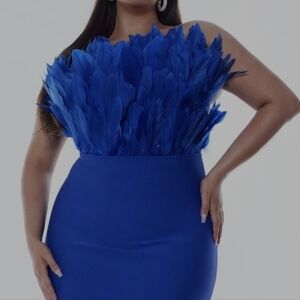 Fashion Nova Elegant Blue Bandage Feathered Dress